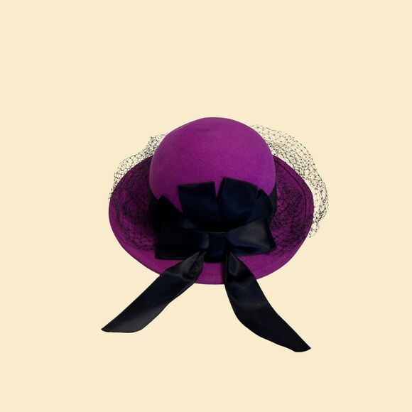 Vintage 80s Liz Claiborne purple hat w/ black netting, 1980s wool derby hat - Picture 1 of 7